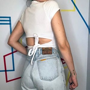 Urban Planet White Ribbed Back Tie Up Top